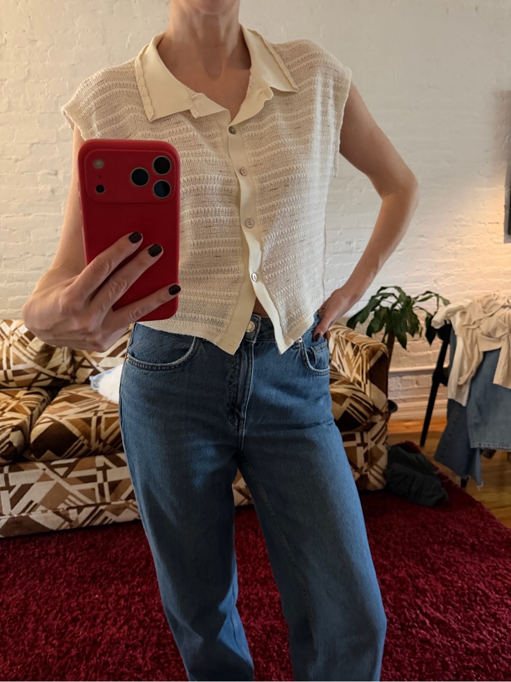 Mango Cream Knit Button-Front Collared Sleeveless Top